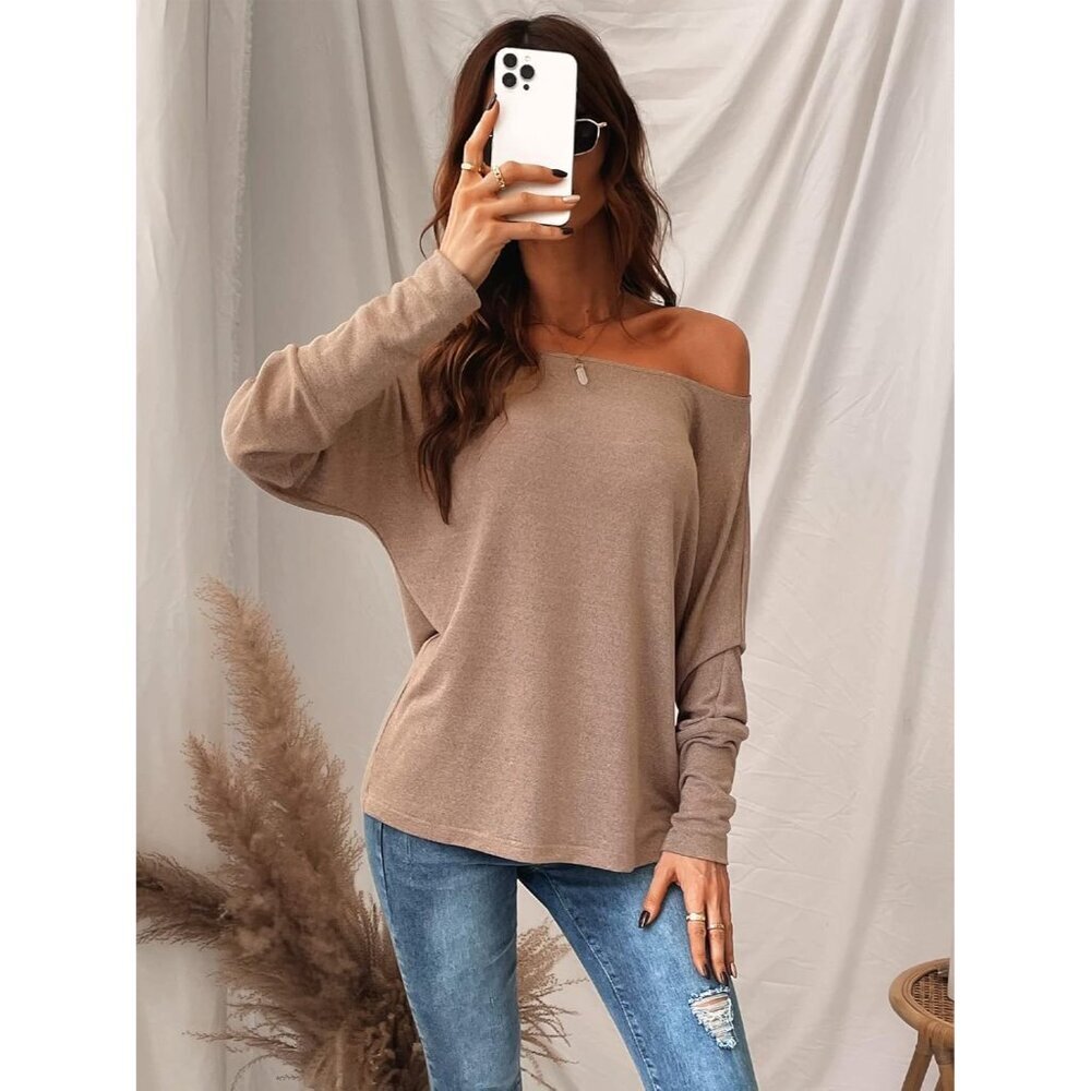 Women Long Sleeve Off Shoulder Knit Top Casual Loose Fit Solid Blouse - Picture 4 of 5